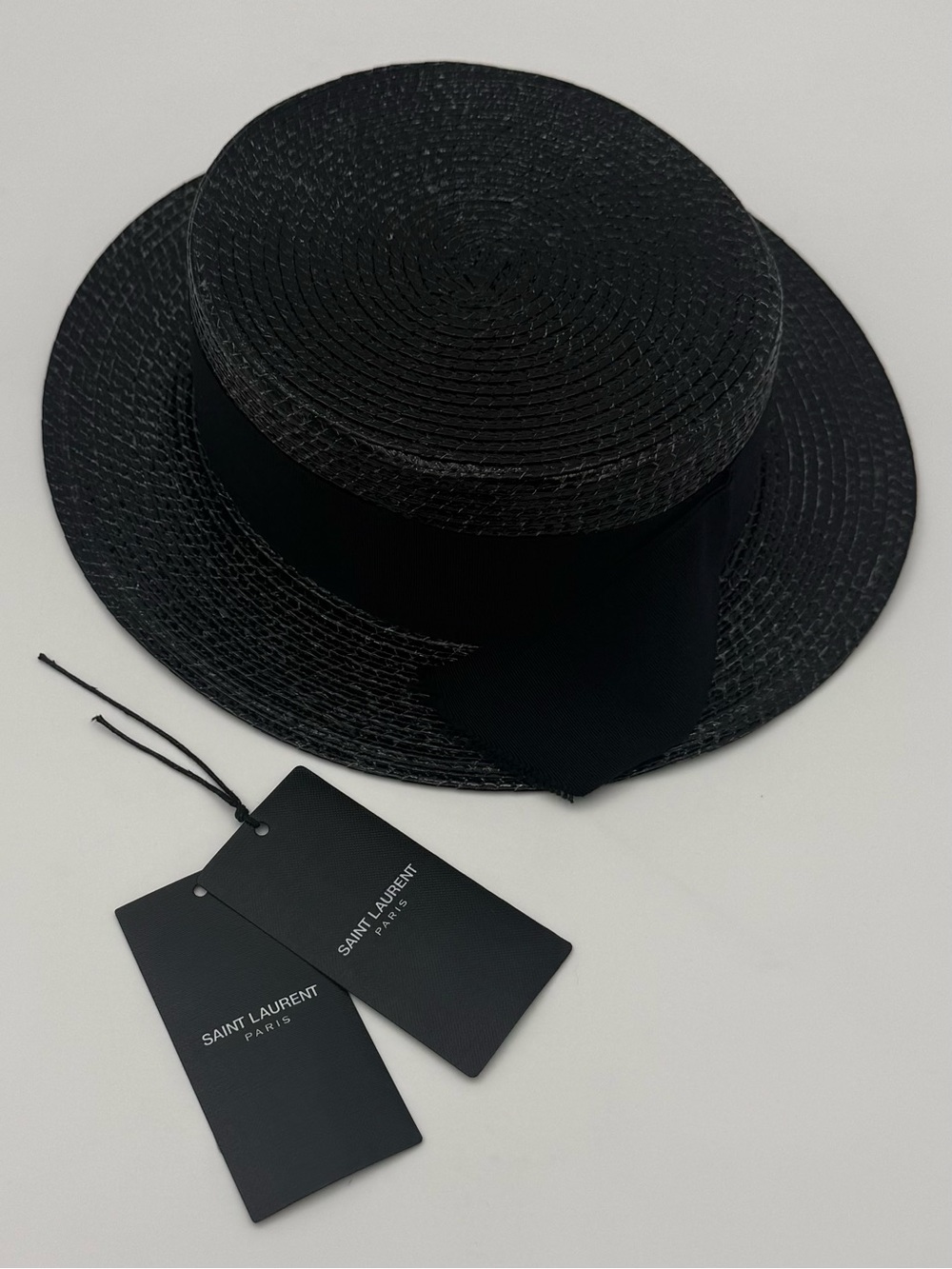 Saint Laurent Black Straw Boater Hat with Grosgrain Band